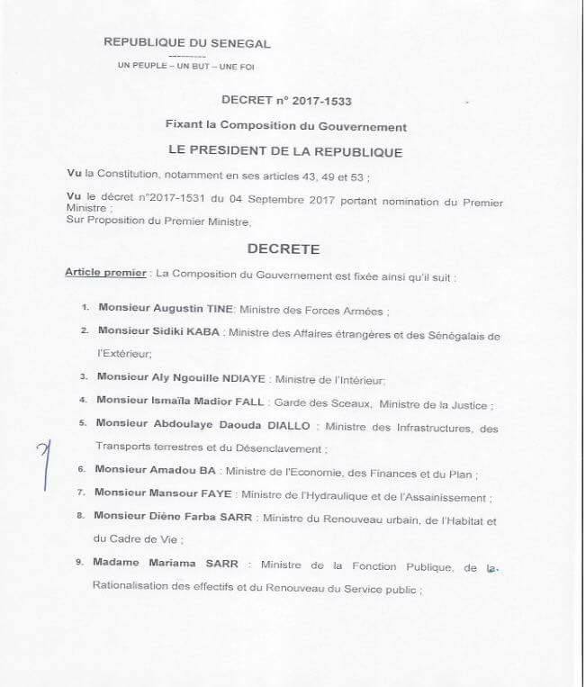 OFFICIEL : La composition du nouveau Gouvernement du Sénégal (DOCUMENTS)