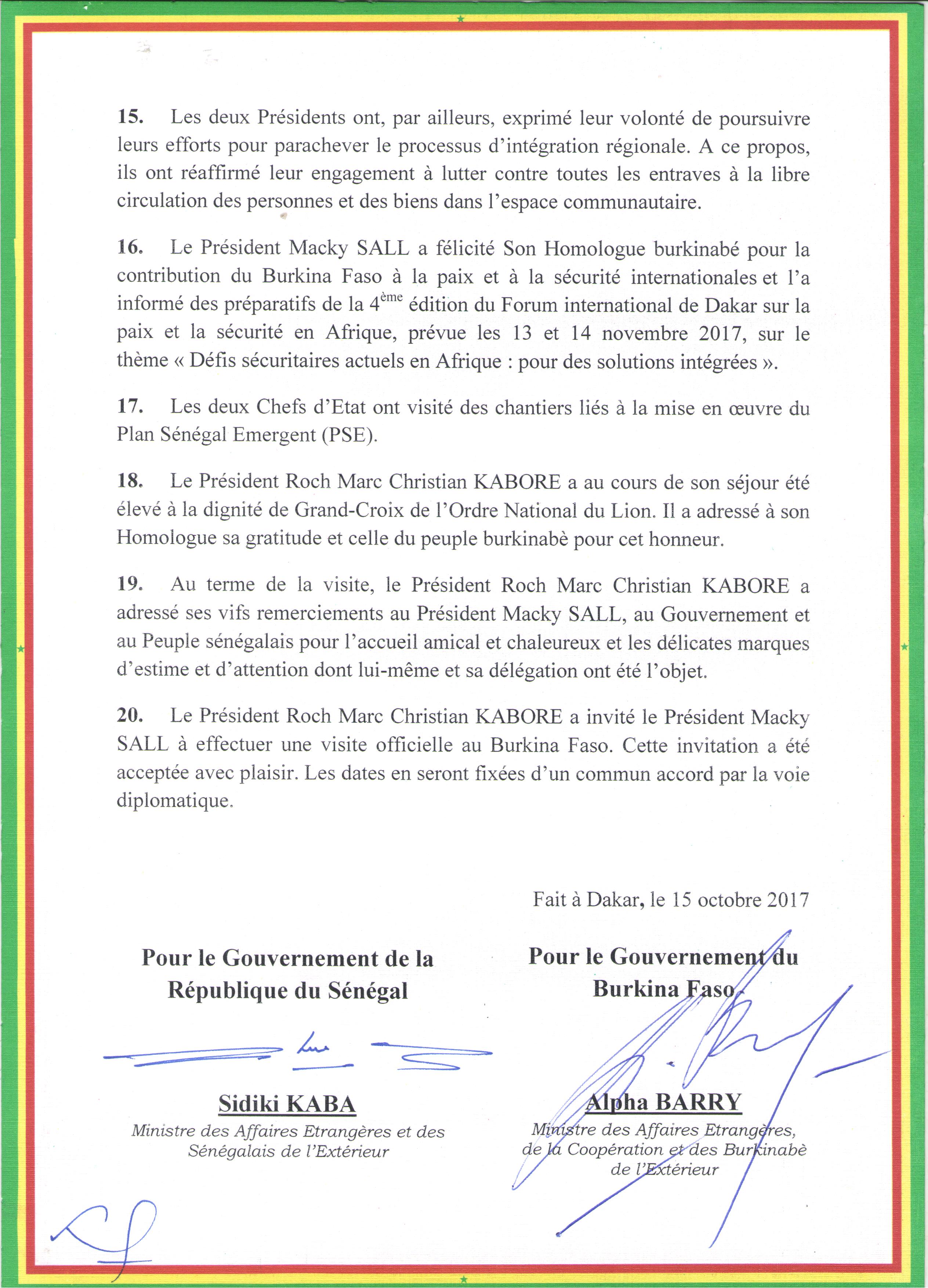 Communiqué conjoint à l'issue de la visite officielle au Sénégal de SEM Roch Marc Christian KABORE au Sénégal (DOCUMENTS)