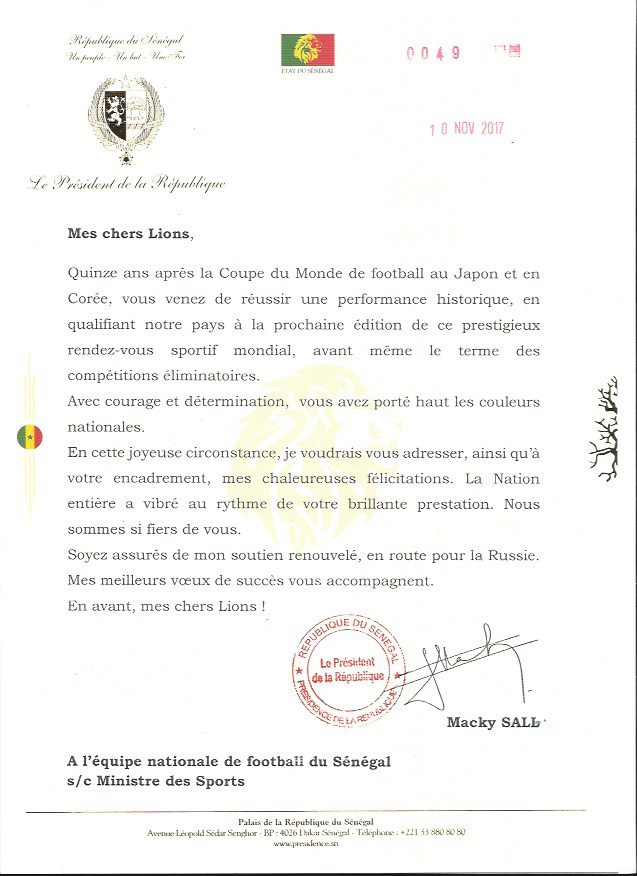 QUALIFICATION AU MONDIAL : Le Président de la République Macky Sall félicite les Lions (DOCUMENT)