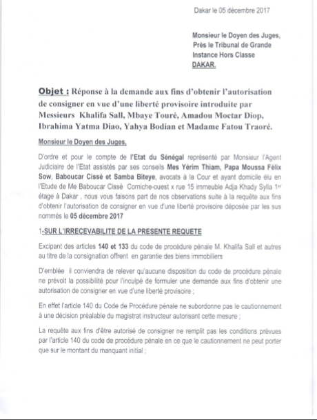 REPLIQUE A LA REPONSE DE L’ETAT DU SENEGAL SUR LA REQUETE AUX FINS D’OBTENIR L’AUTORISATION DE CONSIGNER EN VUE D’UNE LIBERTE PROVISOIRE : A MONSIEUR LE DOYEN DES JUGES D’INSTRUCTION PRES LE TRIBUNAL DE GRANDE INSTANCE HORS CLASSE DE DAKAR