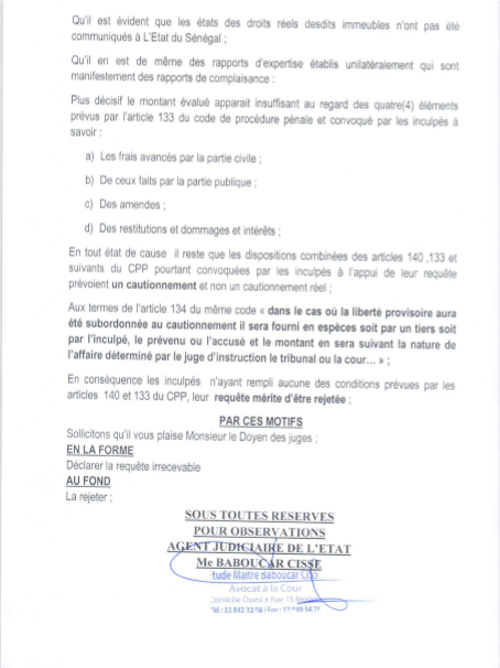 REPLIQUE A LA REPONSE DE L’ETAT DU SENEGAL SUR LA REQUETE AUX FINS D’OBTENIR L’AUTORISATION DE CONSIGNER EN VUE D’UNE LIBERTE PROVISOIRE : A MONSIEUR LE DOYEN DES JUGES D’INSTRUCTION PRES LE TRIBUNAL DE GRANDE INSTANCE HORS CLASSE DE DAKAR