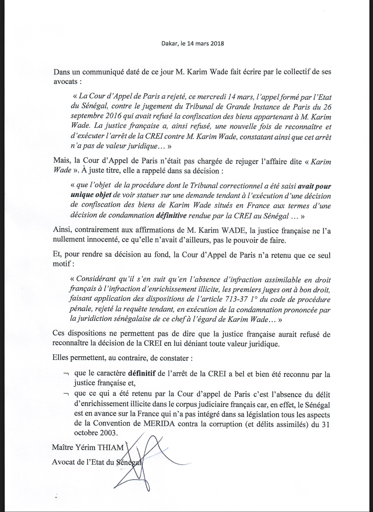 DÉCLARATION DES AVOCATS DE KARIM WADE : Me Yérim Thiam dément et précise (DOCUMENT)