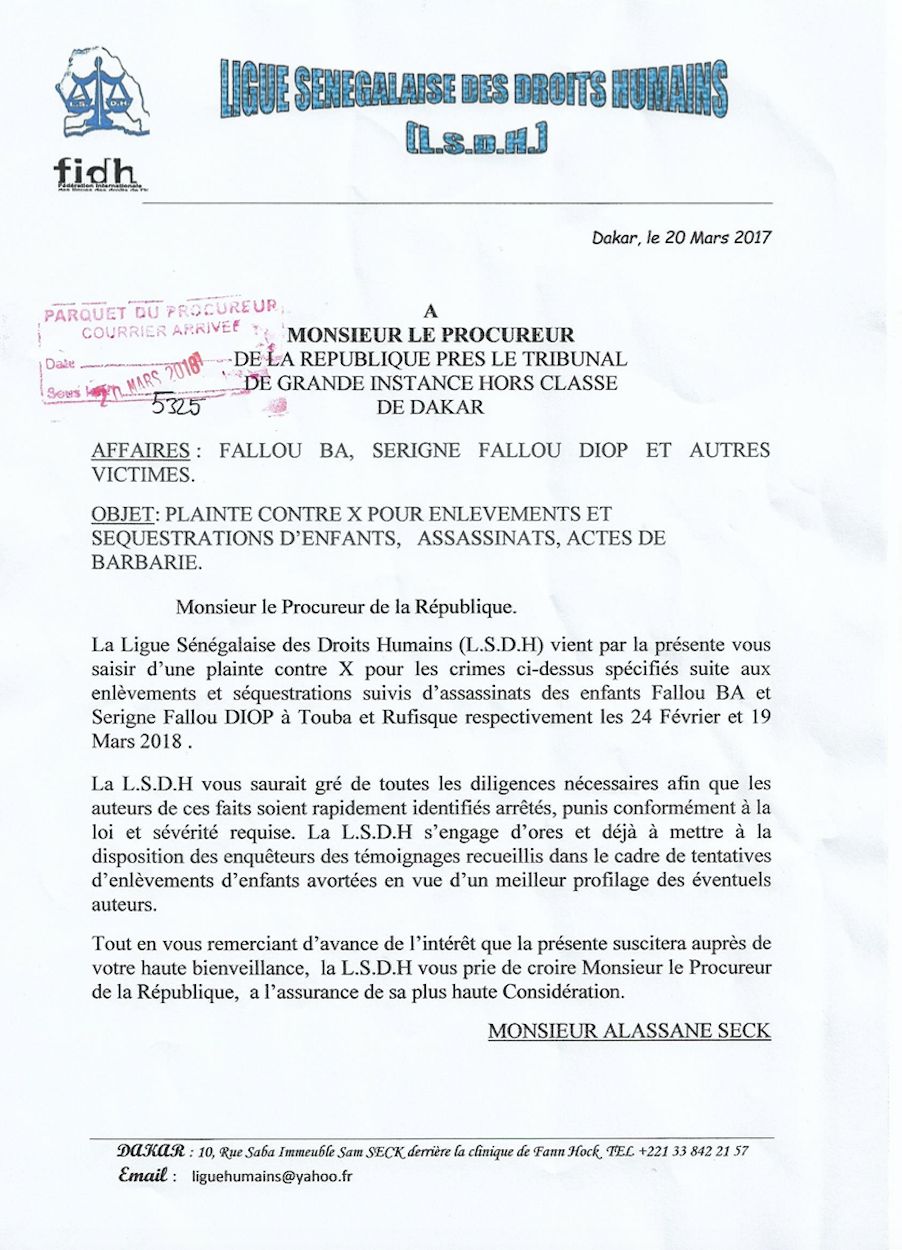 Plainte de la LSDH suite aux enlèvements et séquestrations d’enfants, assassinats et actes de barbarie. (DOCUMENT)
