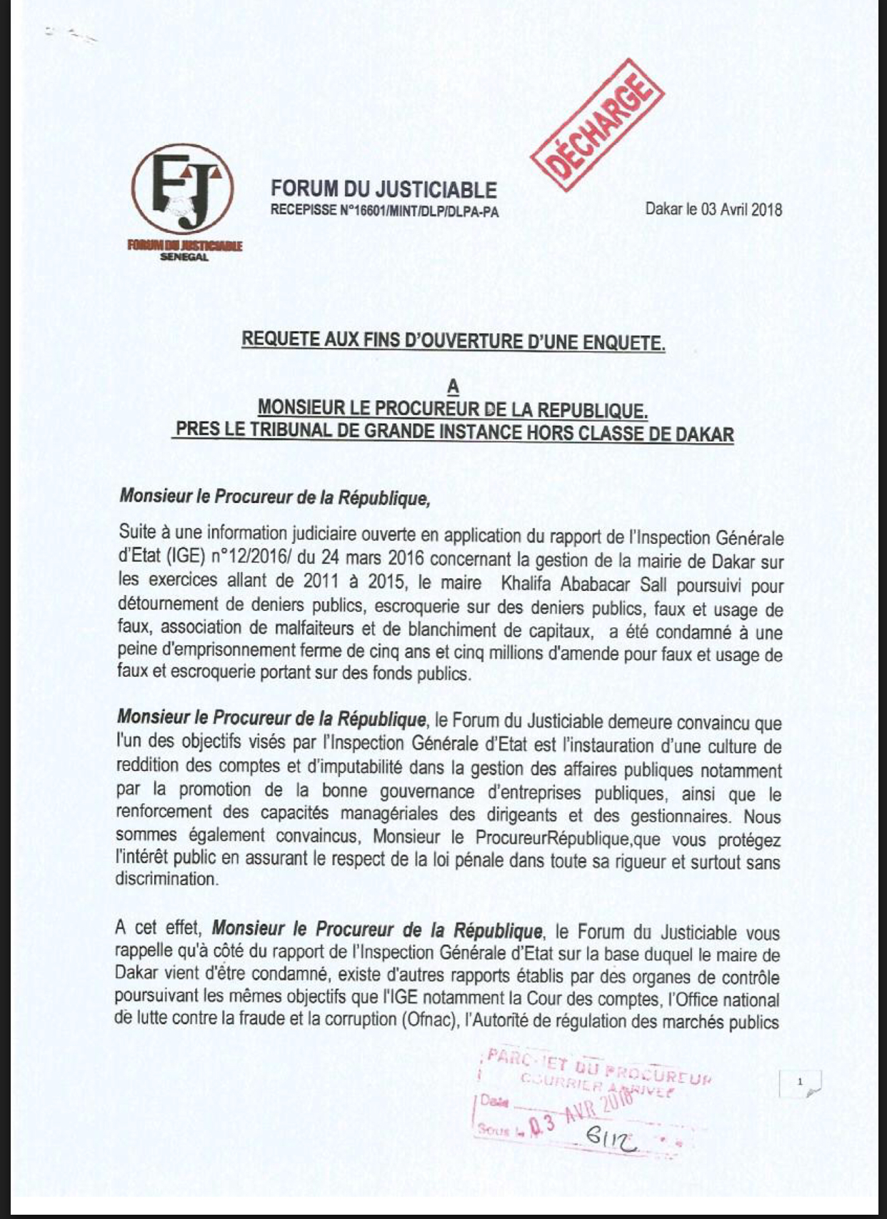 Condamnation de Khalifa Sall : Le Forum du Justiciable écrit au Procureur de la République (DOCUMENT)
