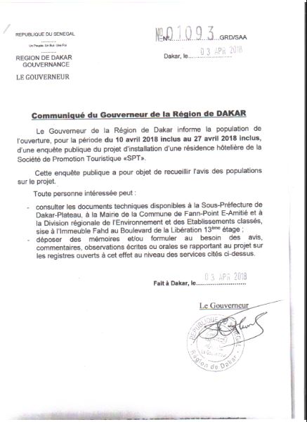 Communiqué du Gouverneur de la Région de Dakar sur l'ouverture d'une enquête publique sur l'installation d'une résidence hôtelière