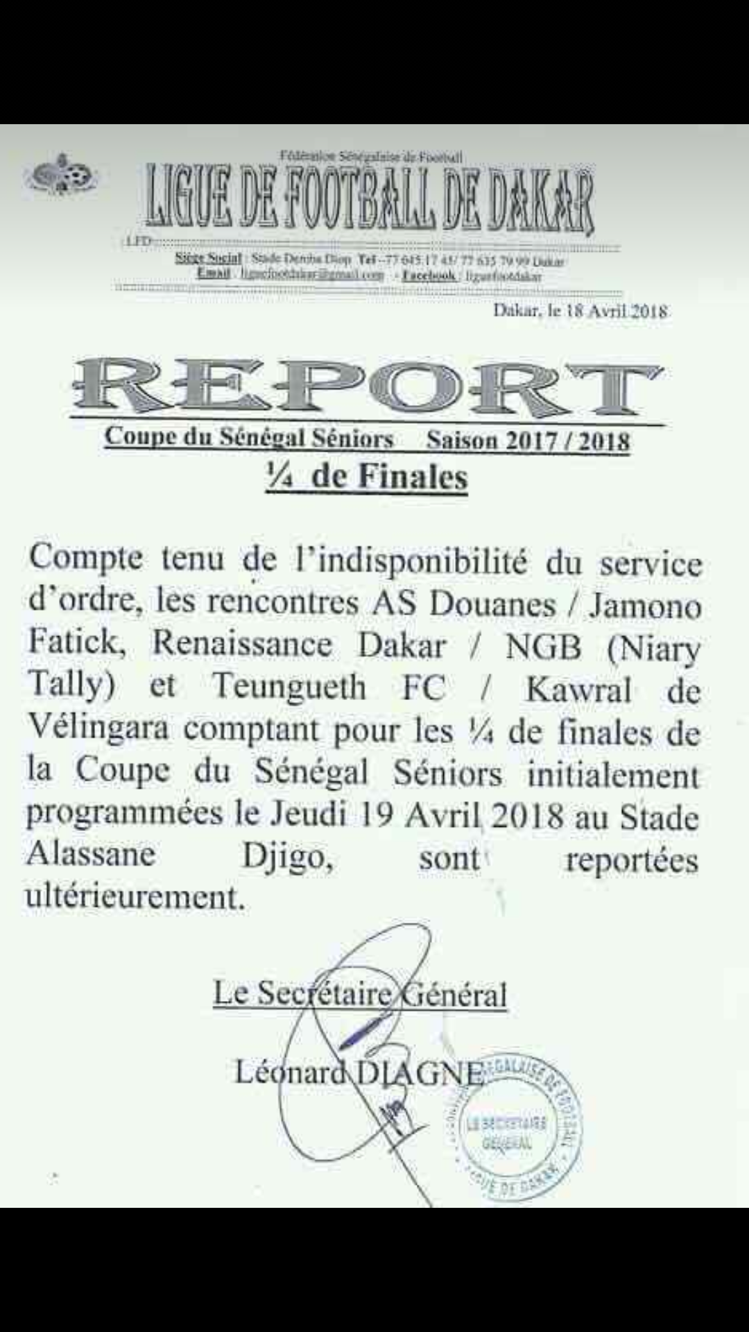 Les matches de 1/4 de finale de la Coupe du Sénégal reportés pour indisponibilité du service d'ordre