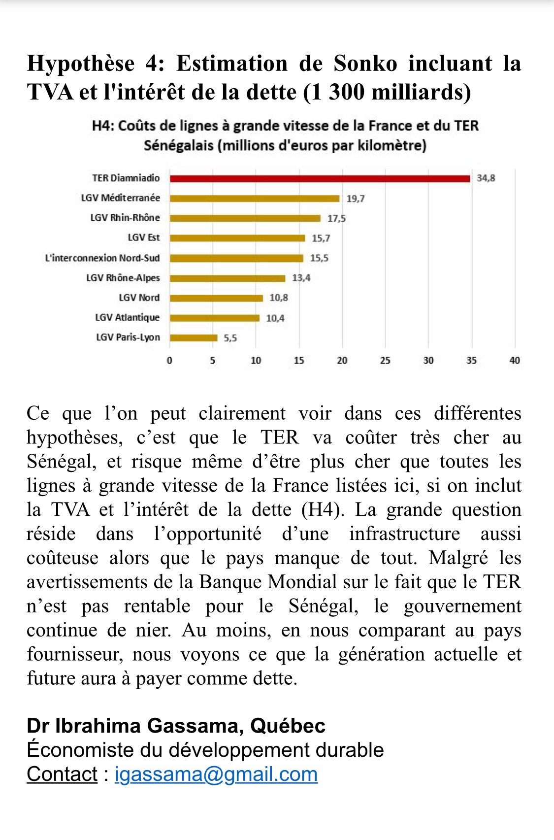 Une comparaison édifiante du TER Sénégalais avec les lignes à grande vitesse de la France (LGV)