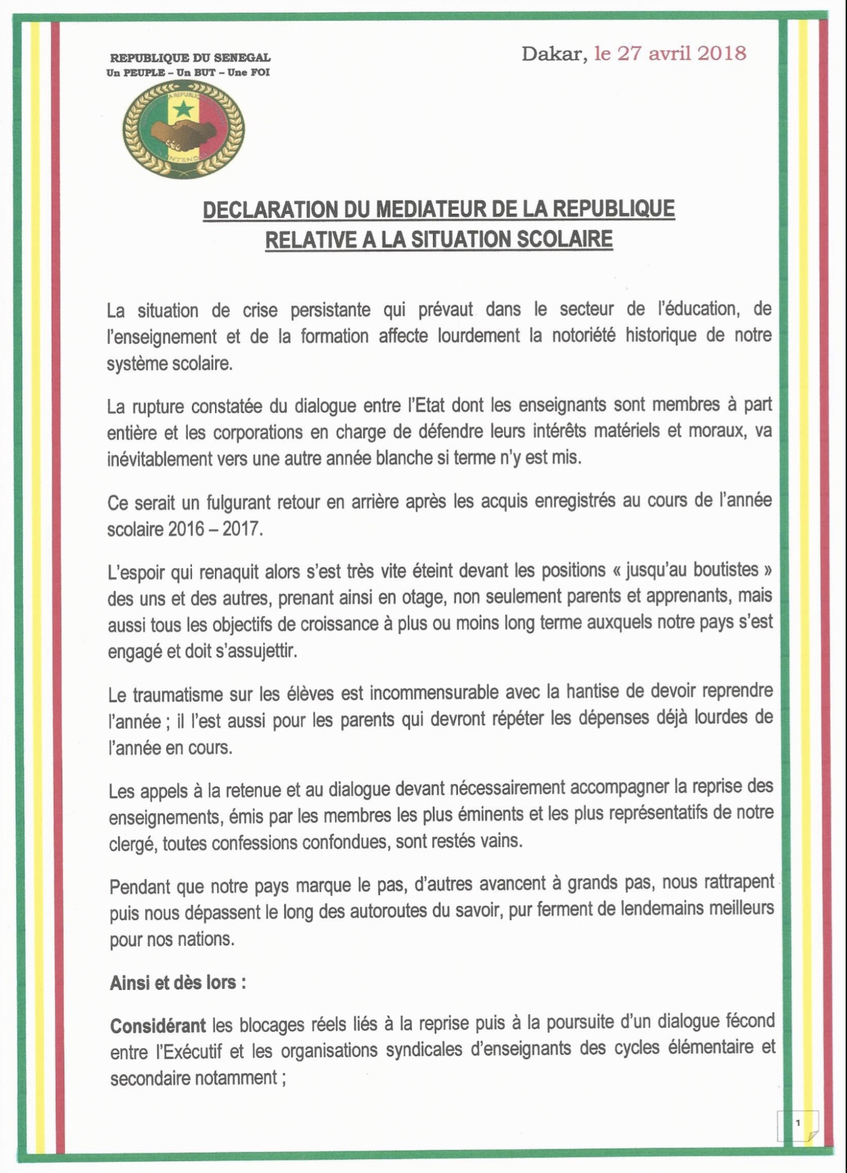 Déclaration du Médiateur de la République Alioune Badara Cissé qui réagit sur la crise scolaire (DOCUMENT)