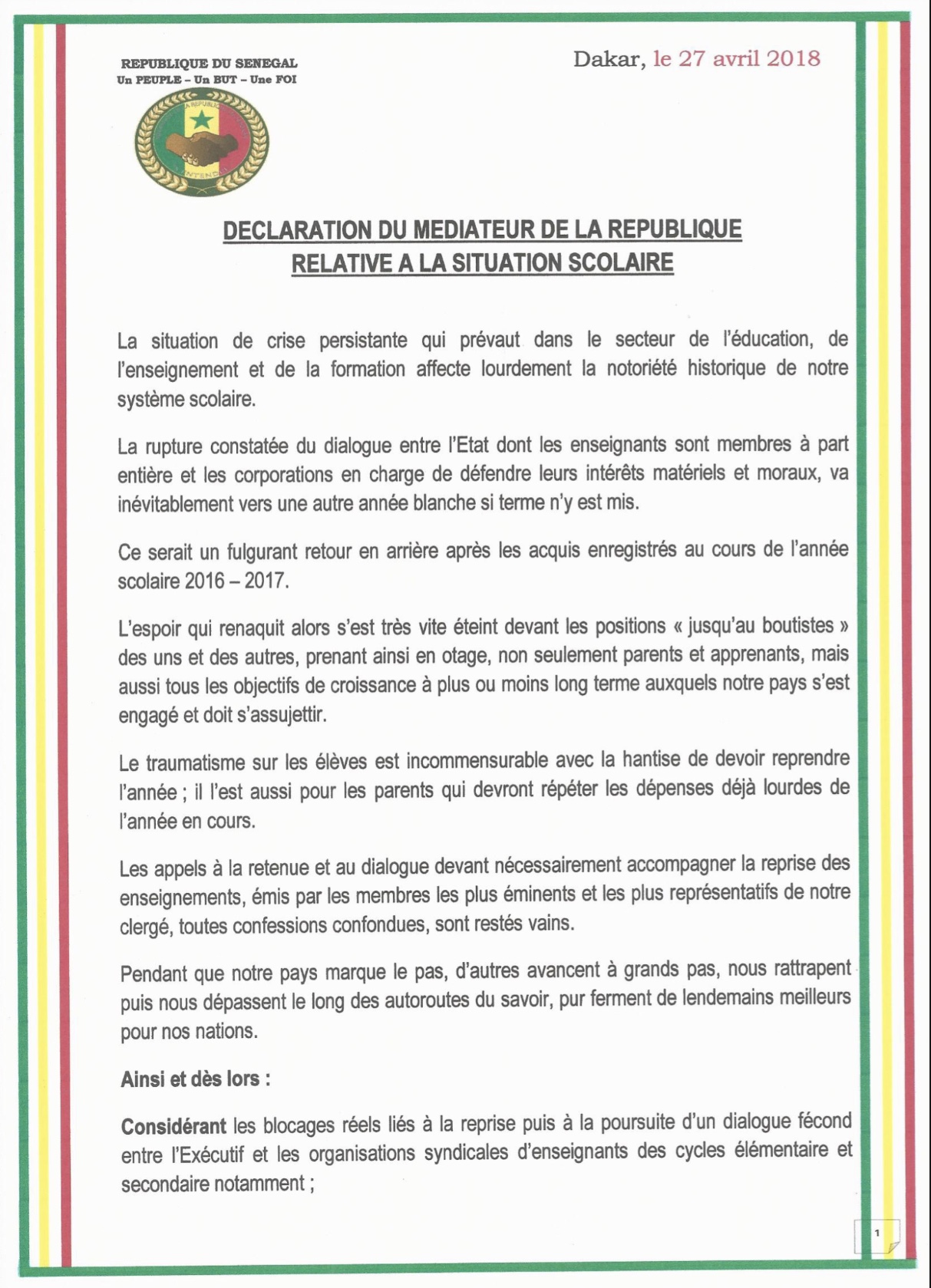 Déclaration du Médiateur de la République Alioune Badara Cissé relation à la crise scolaire (DOCUMENT)