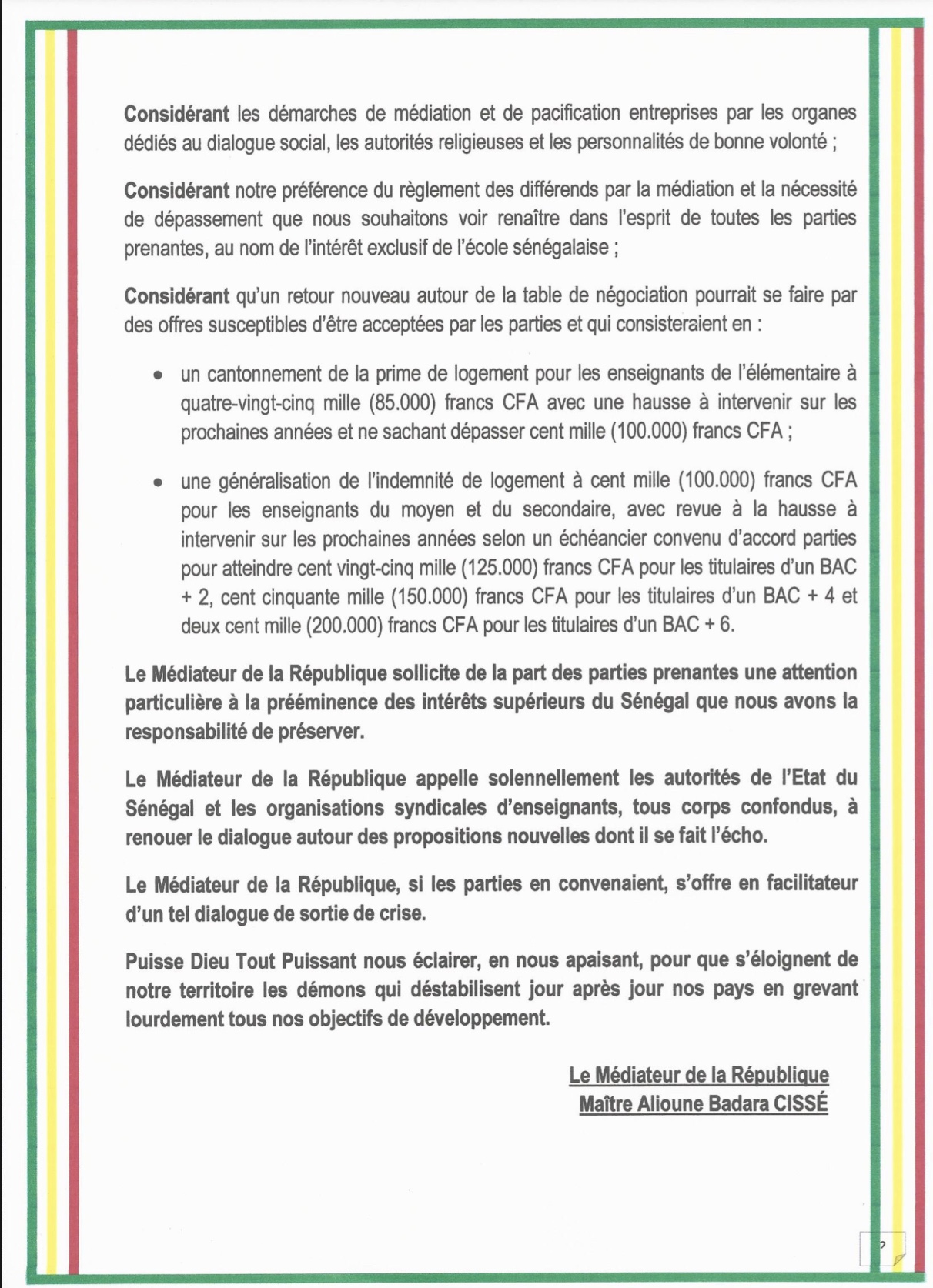 Déclaration du Médiateur de la République Alioune Badara Cissé qui réagit sur la crise scolaire (DOCUMENT)