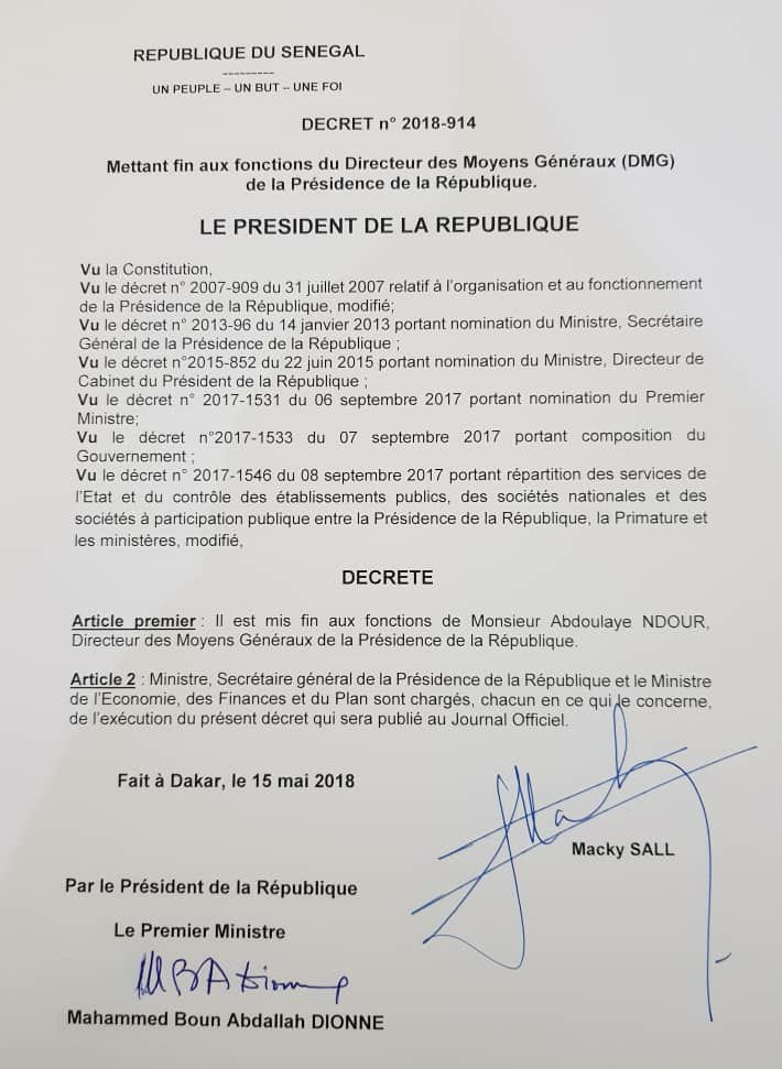 Dégâts collatéraux de l’arrestation du capitaine Dièye : Abdoulaye Ndour, le DAGE de la Présidence, limogé