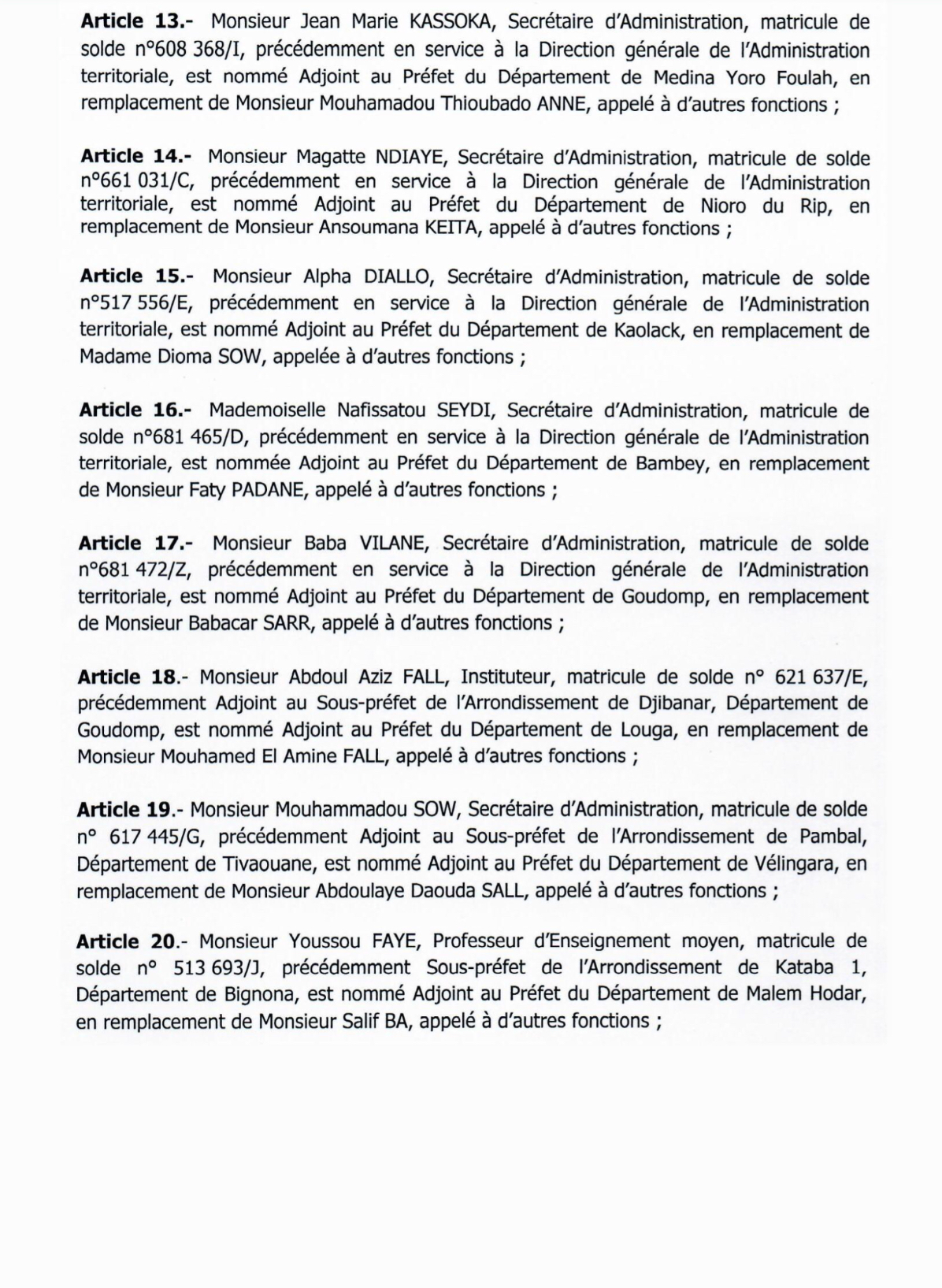 SÉNÉGAL : Décrets portant nomination d'Adjoints au Préfet et de Sous-préfets (DOCUMENTS)
