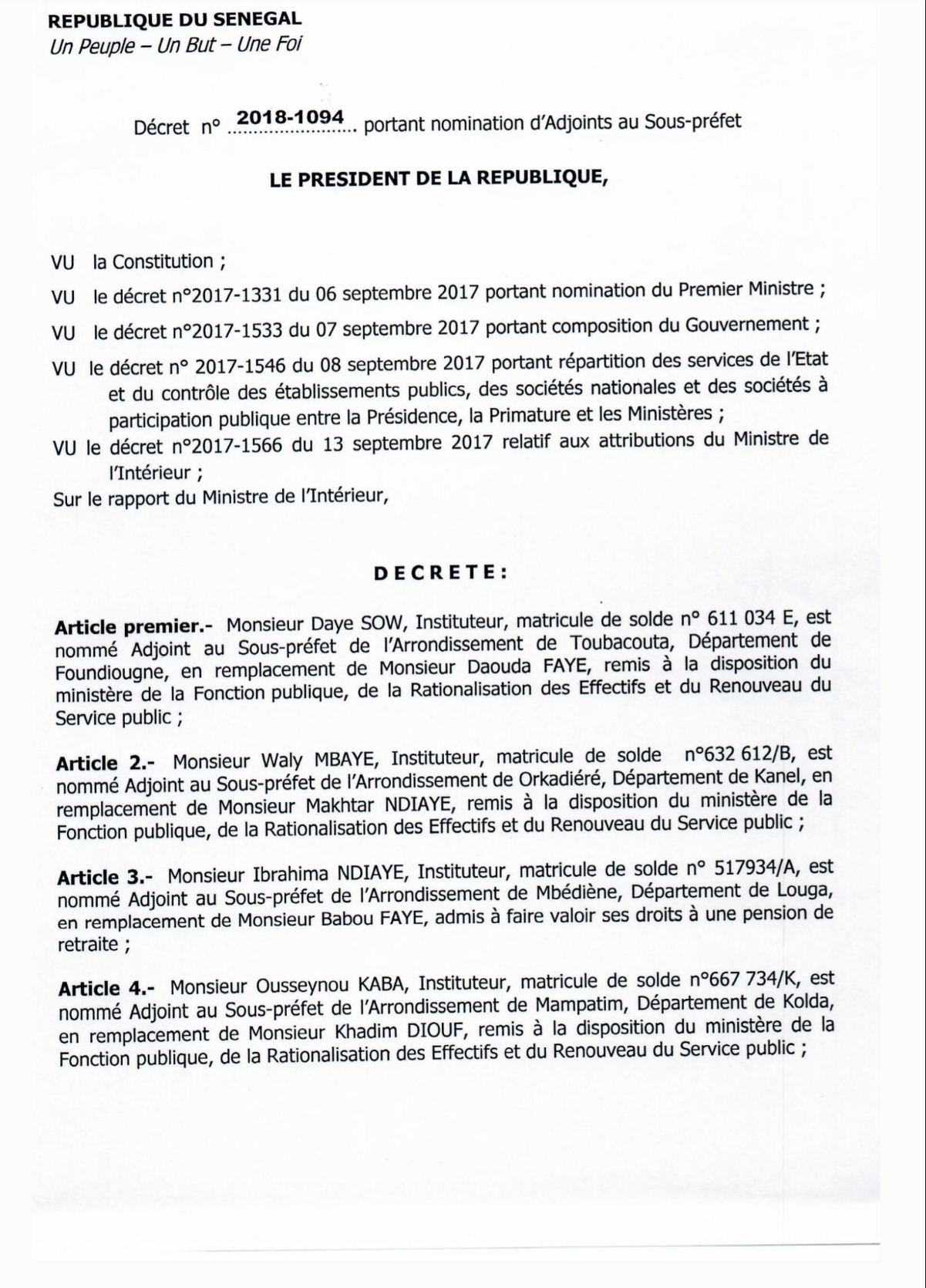 SÉNÉGAL : Décrets portant nomination d'Adjoints au Préfet et de Sous-préfets (DOCUMENTS)
