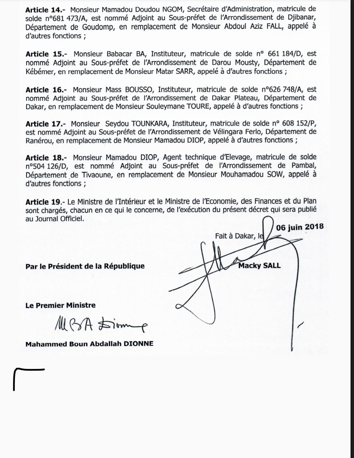 SÉNÉGAL : Décrets portant nomination d'Adjoints au Préfet et de Sous-préfets (DOCUMENTS)