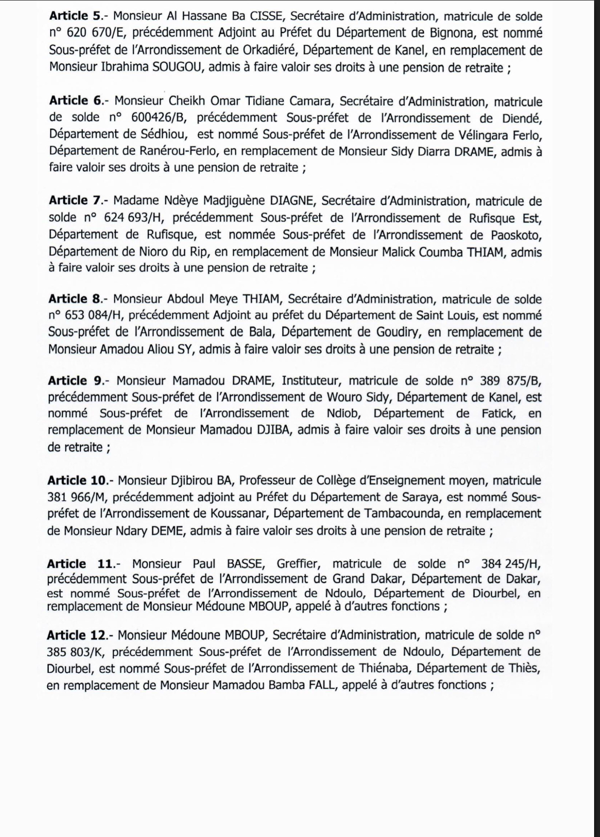SÉNÉGAL : Décrets portant nomination d'Adjoints au Préfet et de Sous-préfets (DOCUMENTS)