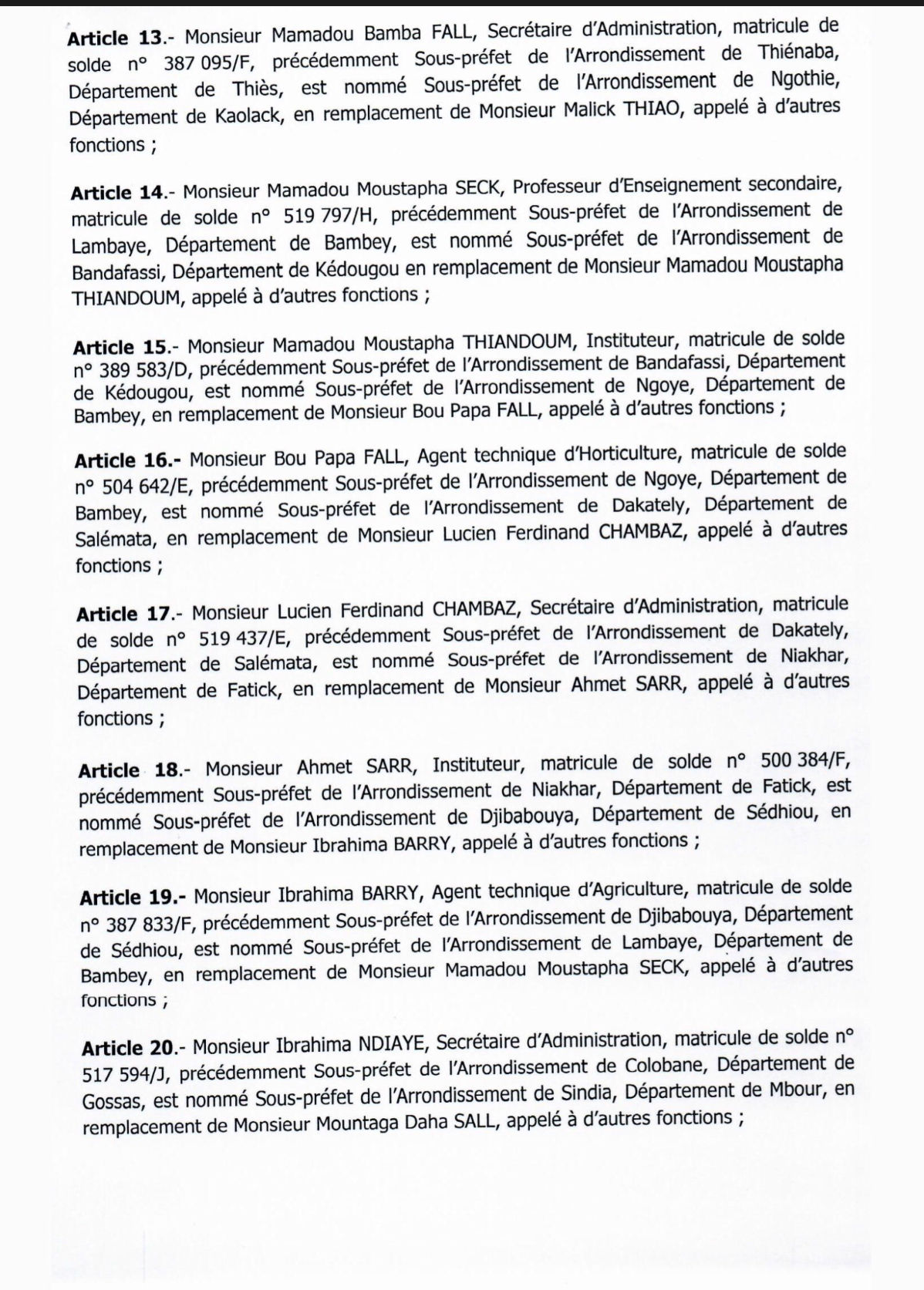 SÉNÉGAL : Décrets portant nomination d'Adjoints au Préfet et de Sous-préfets (DOCUMENTS)