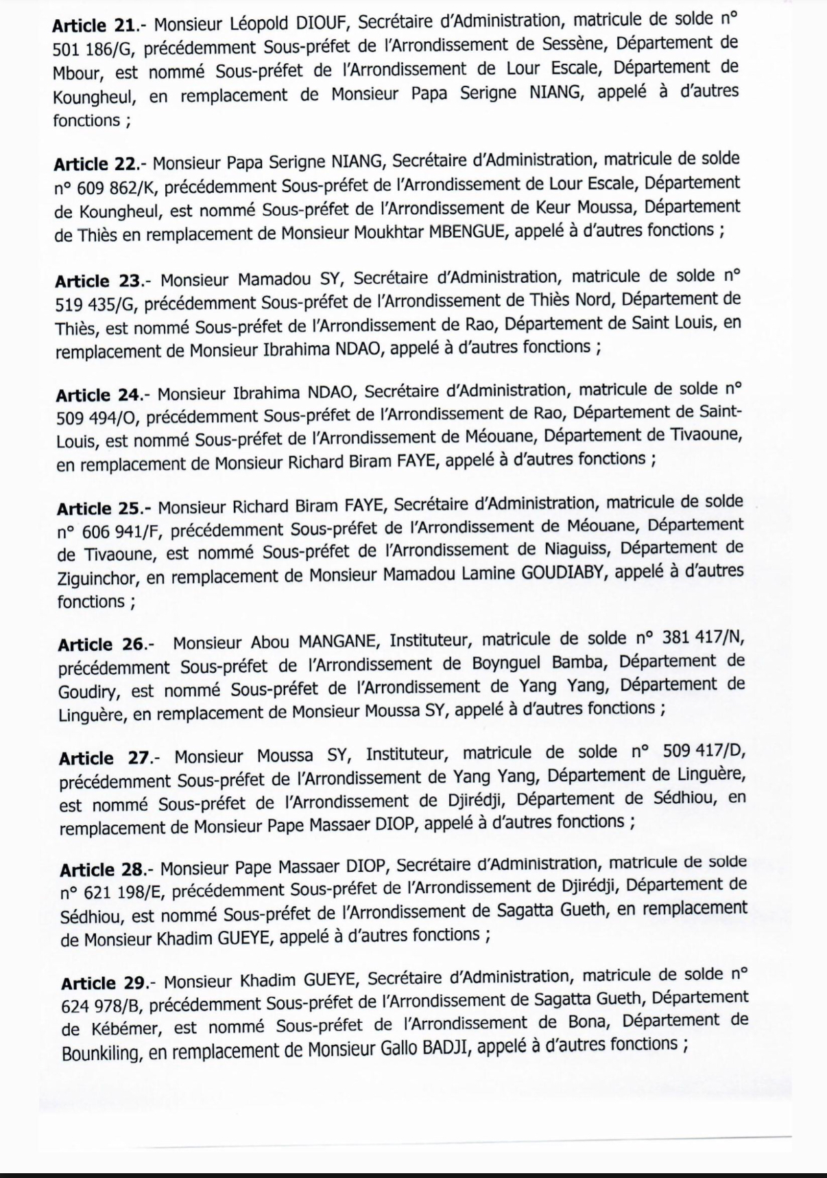 SÉNÉGAL : Décrets portant nomination d'Adjoints au Préfet et de Sous-préfets (DOCUMENTS)