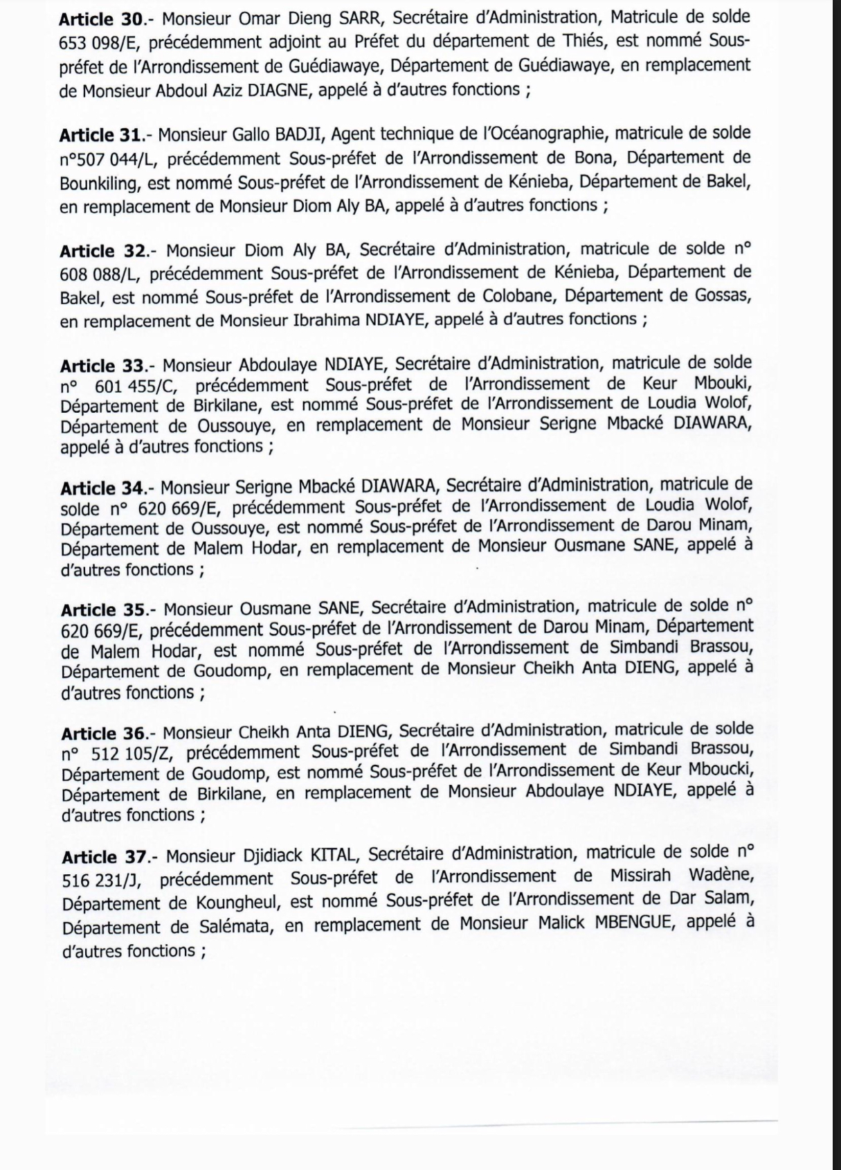 SÉNÉGAL : Décrets portant nomination d'Adjoints au Préfet et de Sous-préfets (DOCUMENTS)