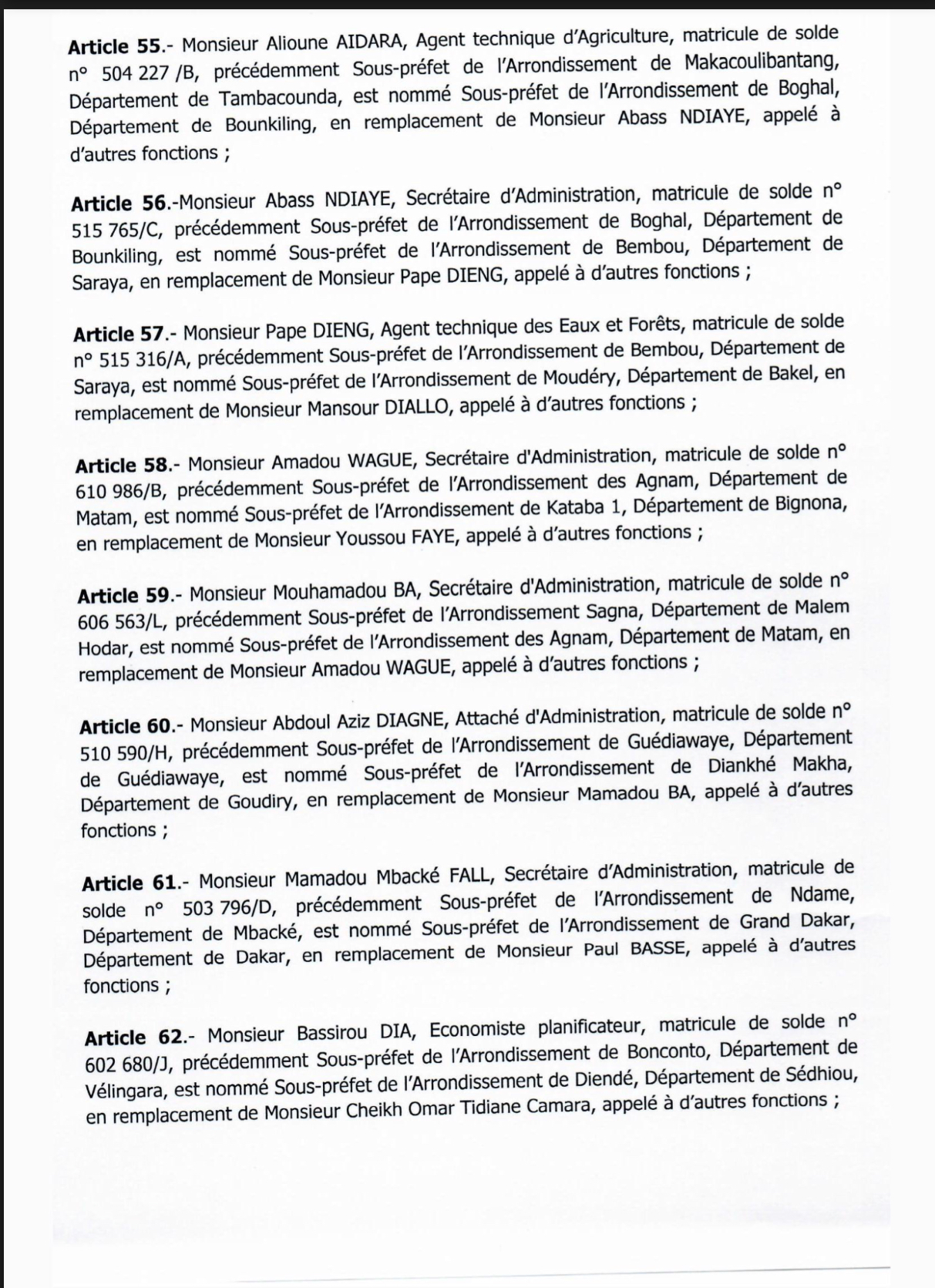 SÉNÉGAL : Décrets portant nomination d'Adjoints au Préfet et de Sous-préfets (DOCUMENTS)
