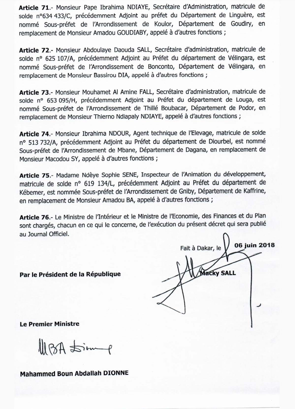 SÉNÉGAL : Décrets portant nomination d'Adjoints au Préfet et de Sous-préfets (DOCUMENTS)