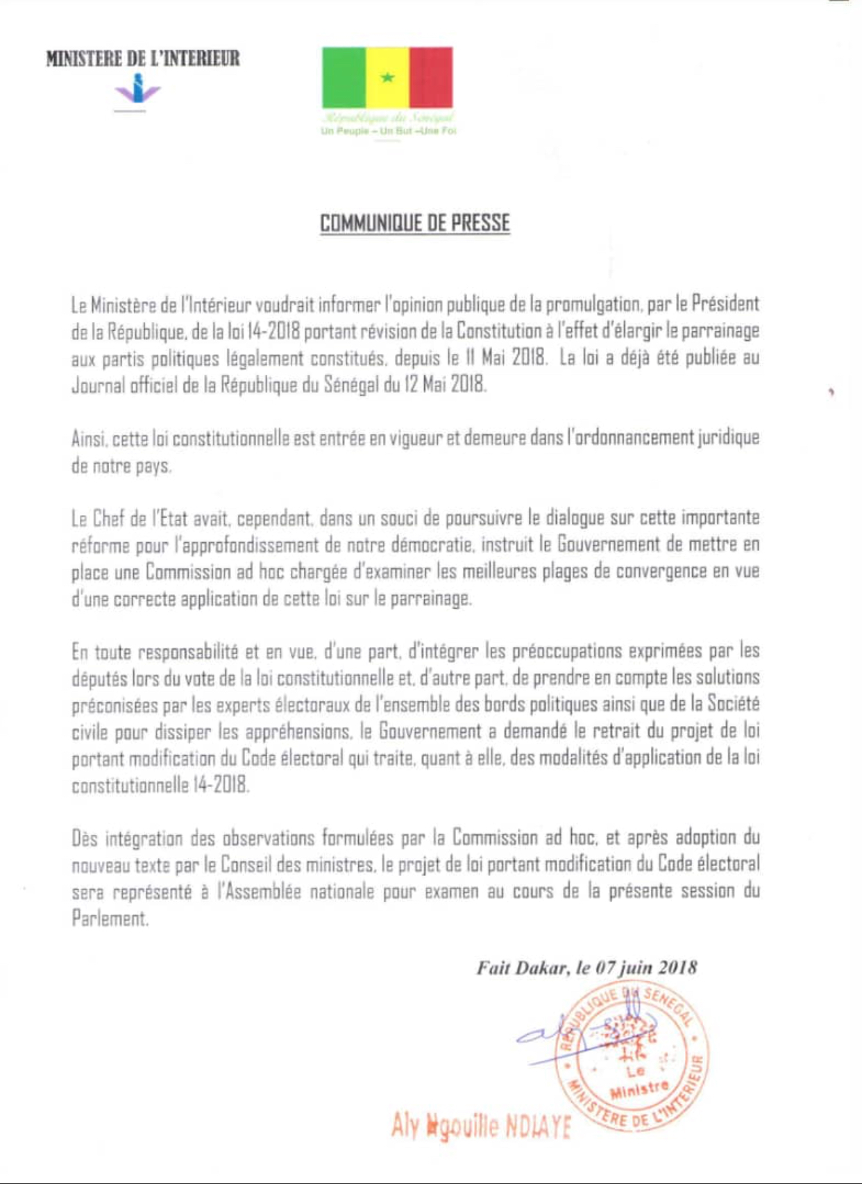 Retrait du projet de loi portant modification du Code électoral : les précisions de Aly Ngouille Ndiaye (officiel)