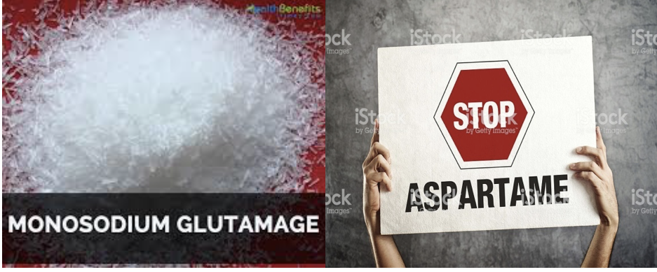 Le glutamate mono sodique (dans les bouillons, chips…), l’aspartame (dans les boissons, yaourts, médicaments…) : deux criminels recrutés par le salé et le sucré.