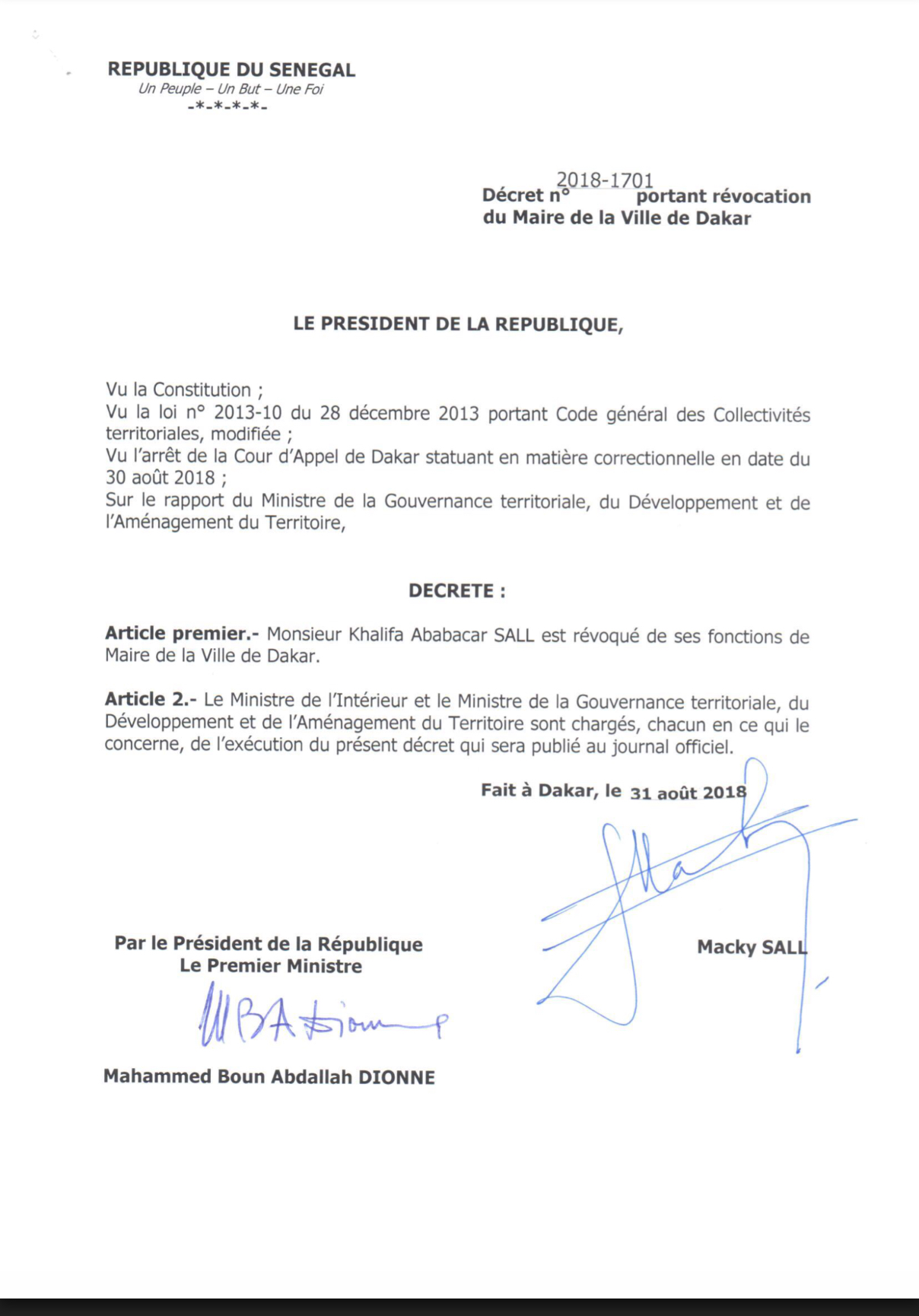 Conséquences du verdict de la Cour d’Appel : Khalifa Sall révoqué de son poste de maire de Dakar (décret)