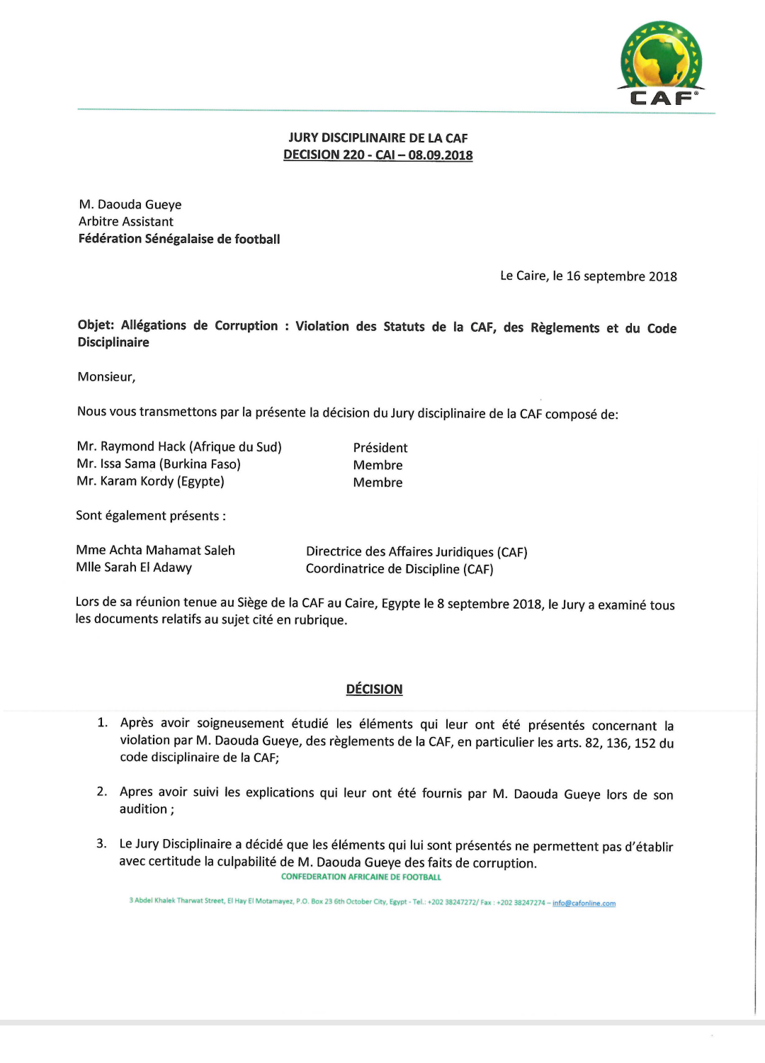 Allégations de corruption : La CAF a levé la suspension de l'arbitre sénégalais Daouda Guèye