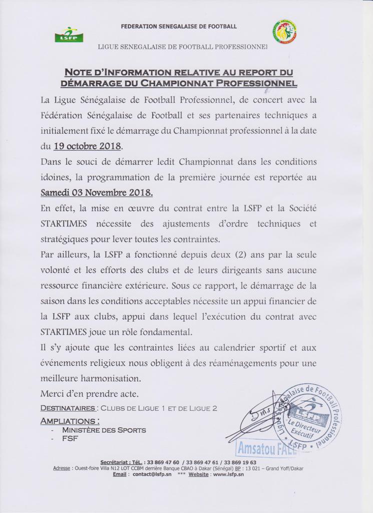 Ligue 1 & 2 sénégalaise / Le démarrage du championnat prévu ce mois d'octobre, finalement reporté à Novembre  (DOCUMENT)