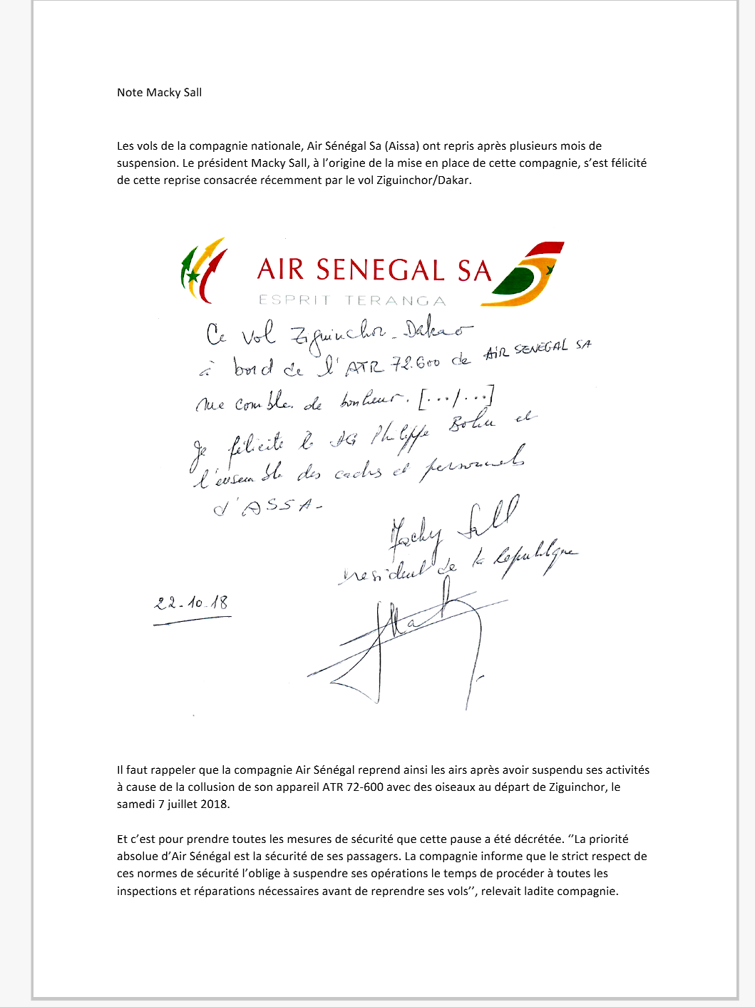 Aviation : Macky Sall ravi de la reprise des vols de Air Sénégal Sa