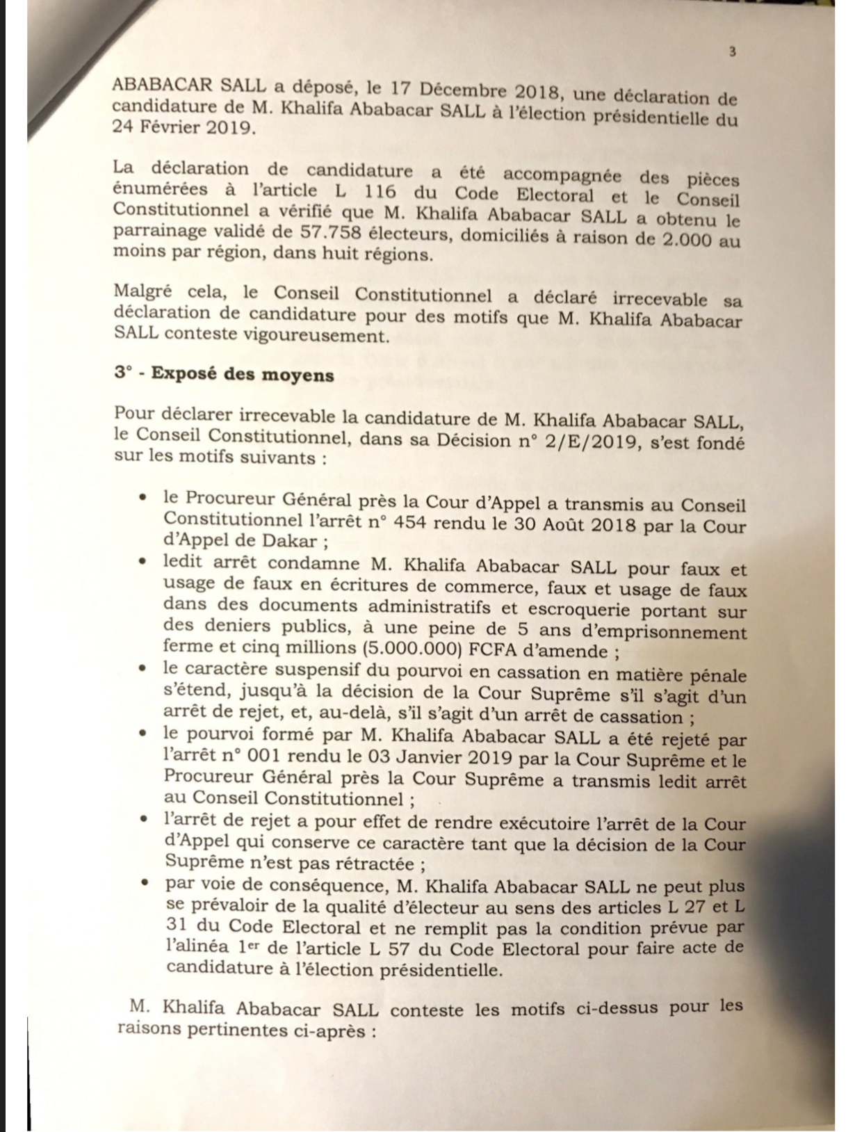 L’intégralité de la requête portant réclamation déposée auprès du Conseil Constitutionnel par le candidat à l'élection présidentielle Khalifa Ababacar Sall (DOCUMENTS)