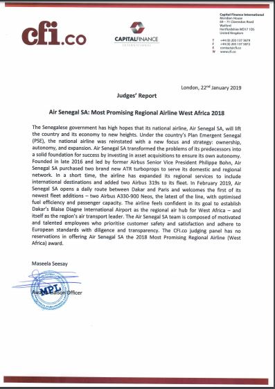 « Air Sénégal », Compagnie aérienne la plus prometteuse de l'Afrique de l'Ouest pour l'année 2018.