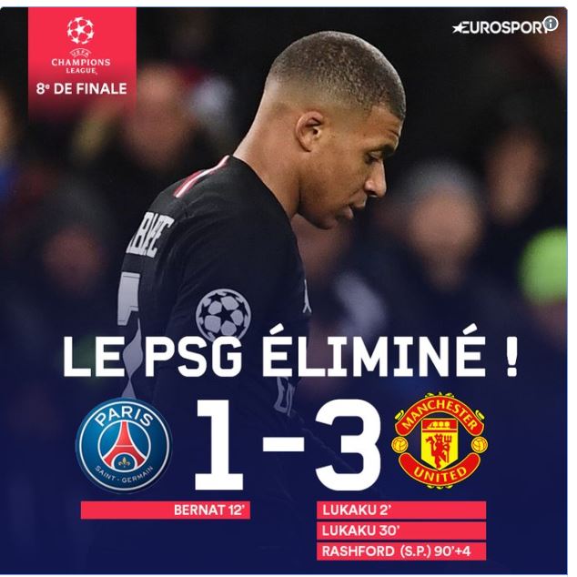 Séisme au Parc des Princes : le PSG éliminé par Manchester United (1-3) en 8e de finale
