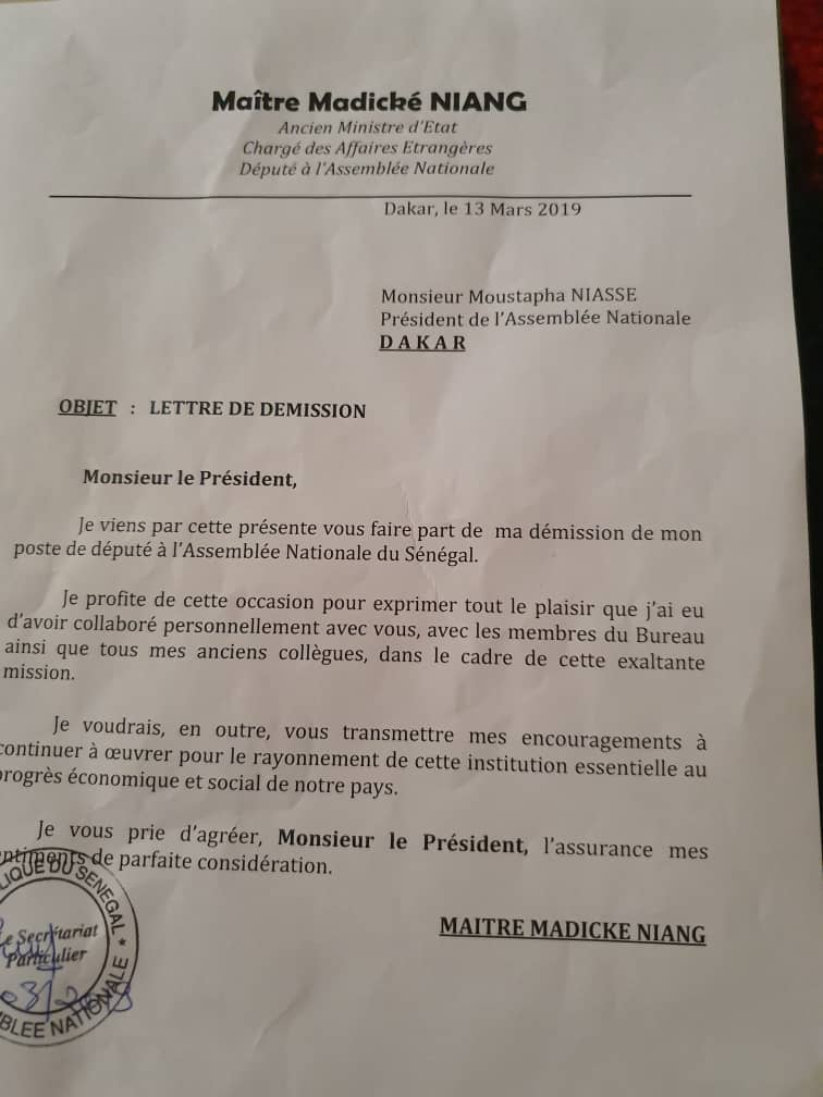 Assemblée nationale : Voici la lettre de démission de Madické Niang