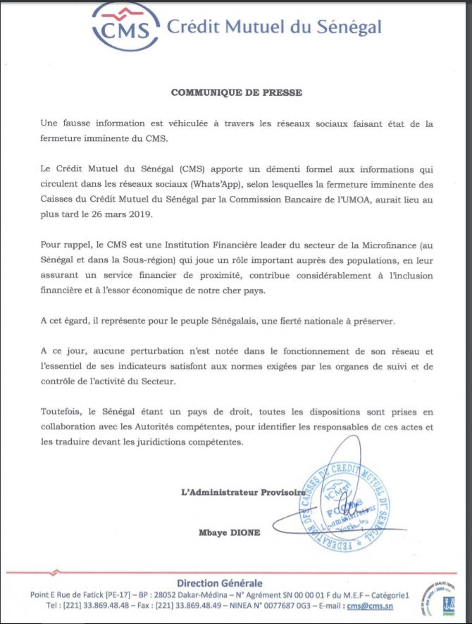 Supposée fermeture du Crédit Mutuel du Sénégal: le démenti de la Direction