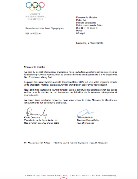 Reconduction de Matar Bâ au ministère des sports : Le comité international olympique s'en félicite (Document)