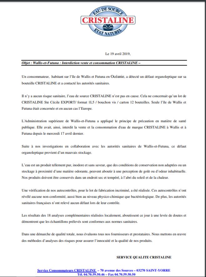 Bouteilles « d’eau Cristaline » impropres à la consommation en Polynésie Française : pas d’inquiétude pour les consommateurs sénégalais