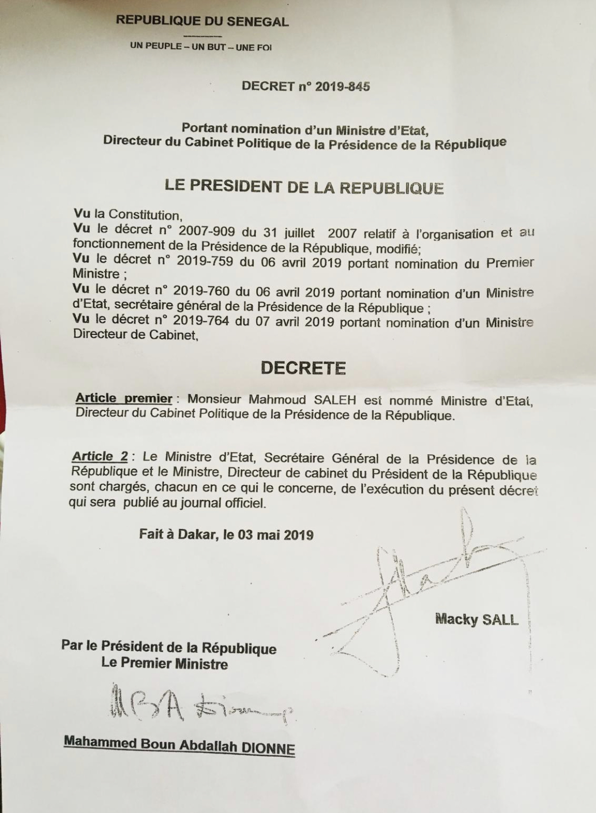 Présidence : Mahmout Saleh nommé ministre d’Etat, directeur de cabinet politique de Macky Sall