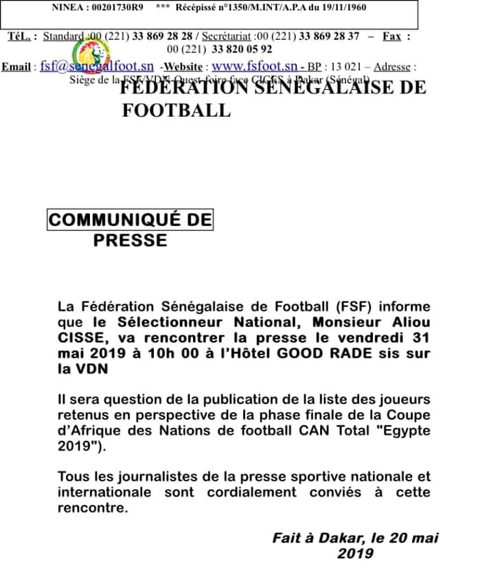 Officiel / CAN 2019 : Aliou Cissé publie la liste des joueurs retenus le 31 mai prochain !