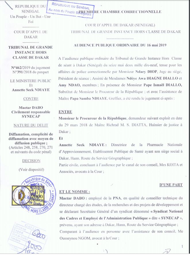 Procès pour diffamation : Matar Dabo reconnu coupable et condamné par le tribunal (Document)