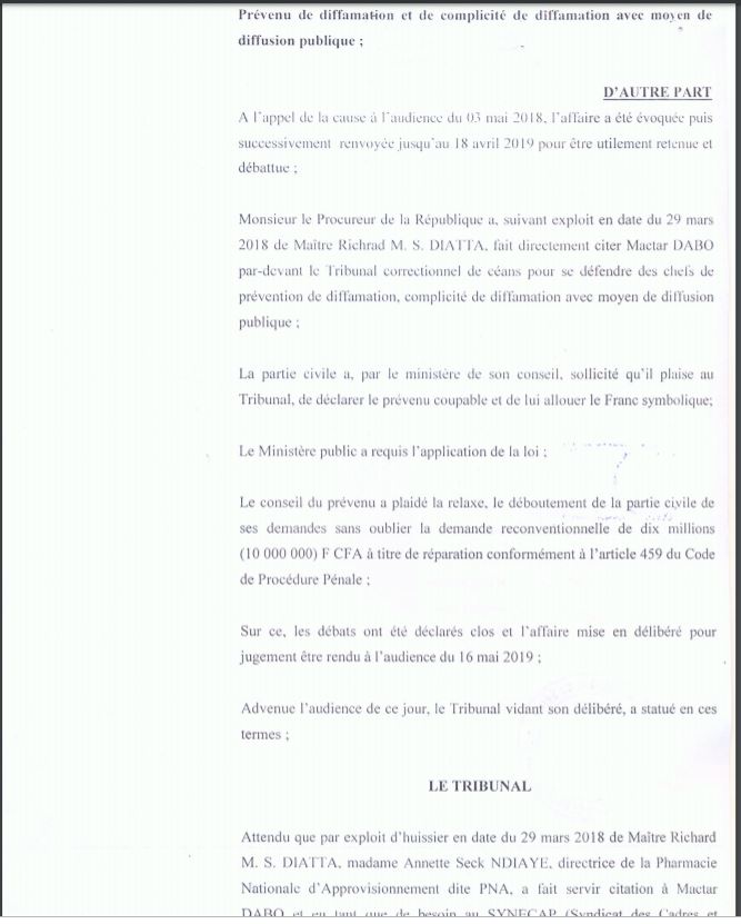 Procès pour diffamation : Matar Dabo reconnu coupable et condamné par le tribunal (Document)