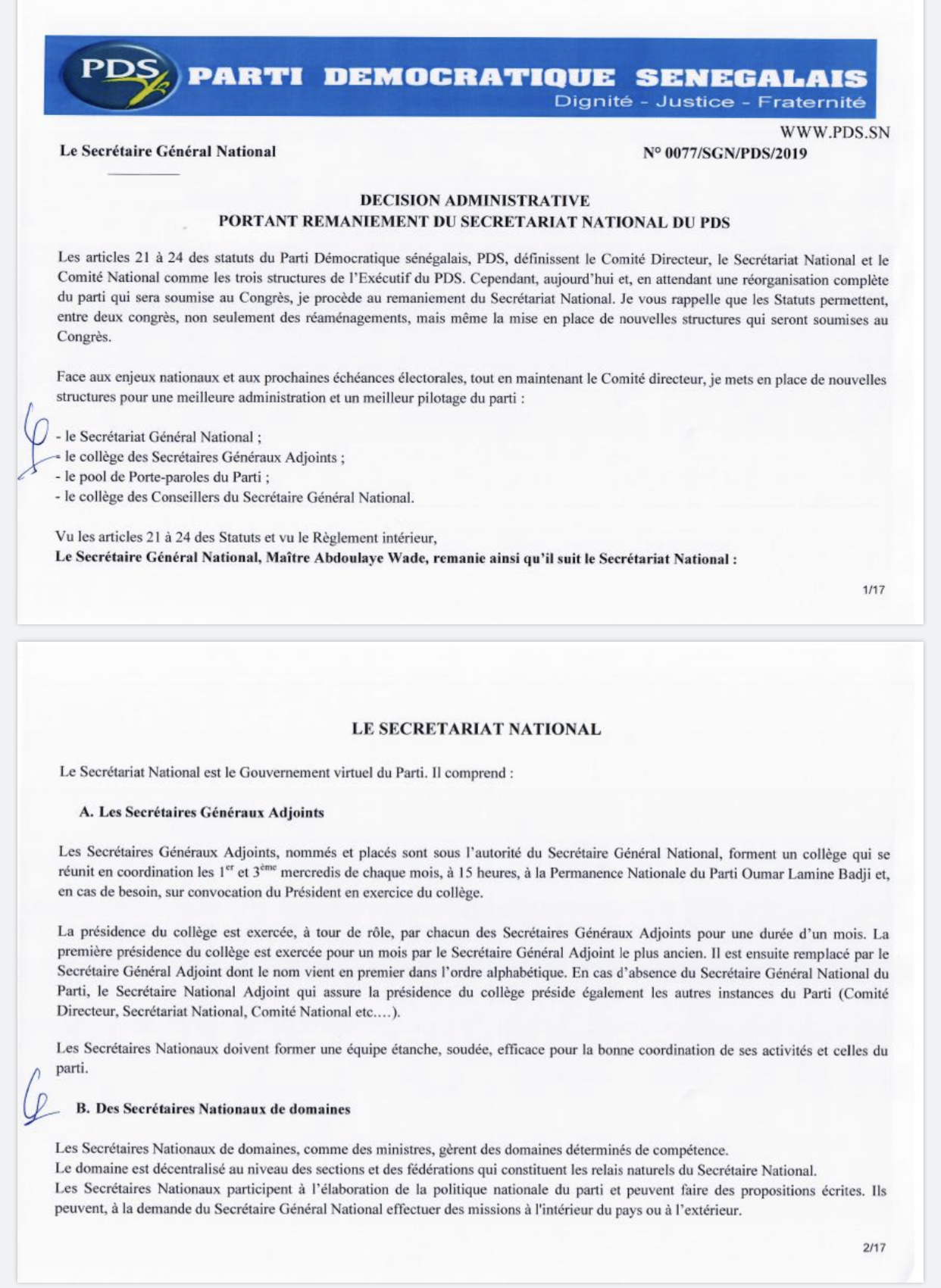 PDS / Wade forme un nouveau Secrétariat National : Karim Wade en pôle position, Oumar Sarr et Cie virés (DOCUMENTS)