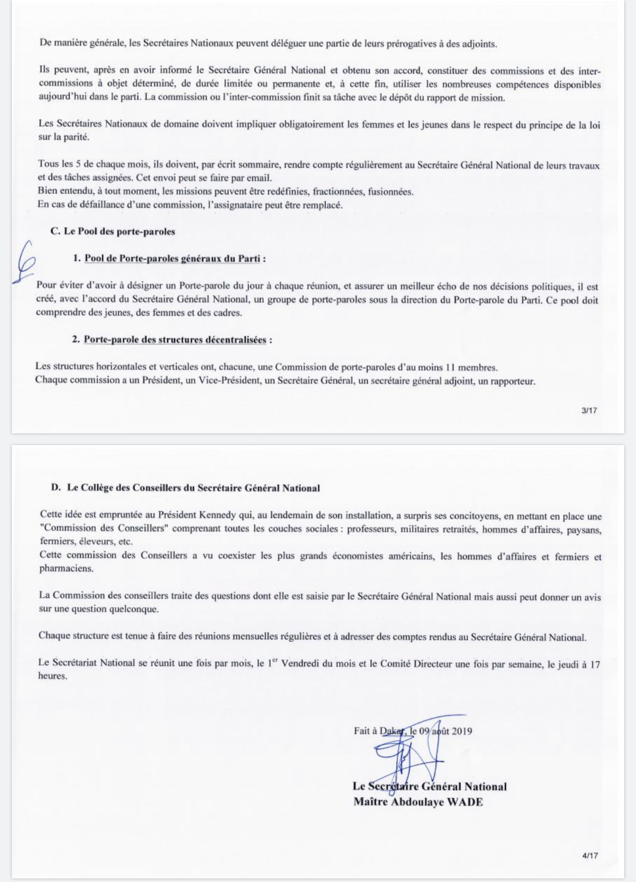 PDS / Wade forme un nouveau Secrétariat National : Karim Wade en pôle position, Oumar Sarr et Cie virés (DOCUMENTS)