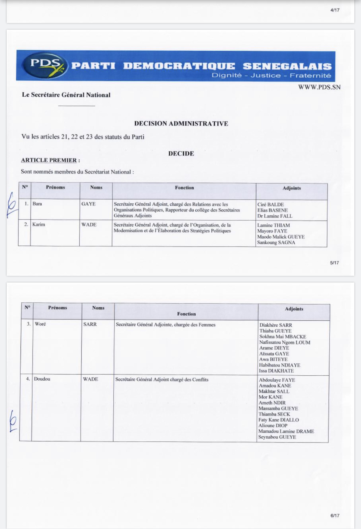 PDS / Wade forme un nouveau Secrétariat National : Karim Wade en pôle position, Oumar Sarr et Cie virés (DOCUMENTS)