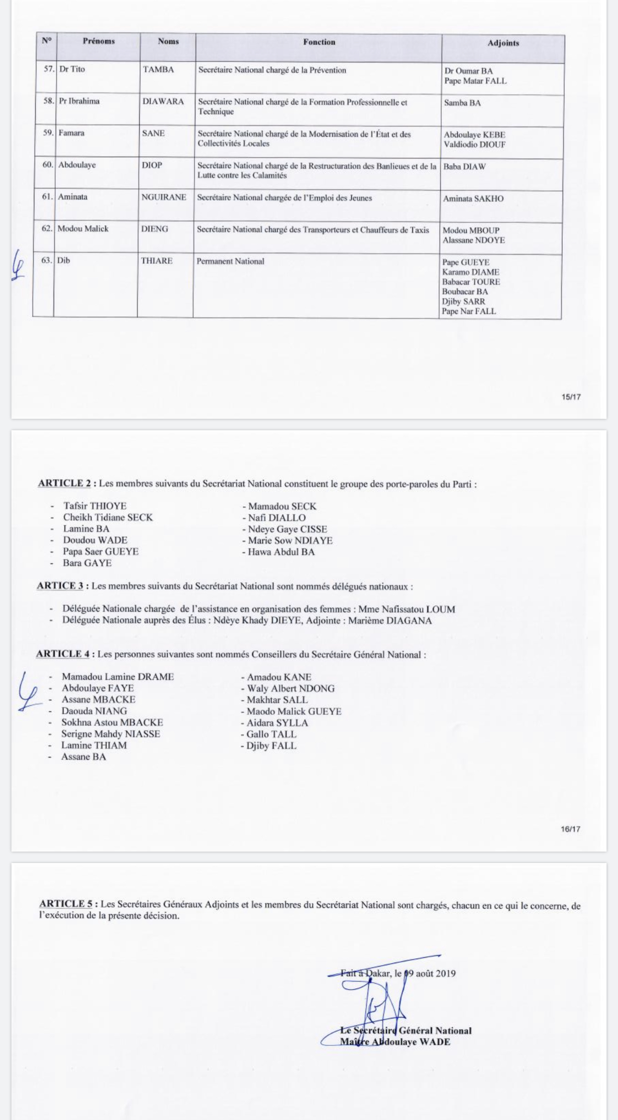 PDS / Wade forme un nouveau Secrétariat National : Karim Wade en pôle position, Oumar Sarr et Cie virés (DOCUMENTS)