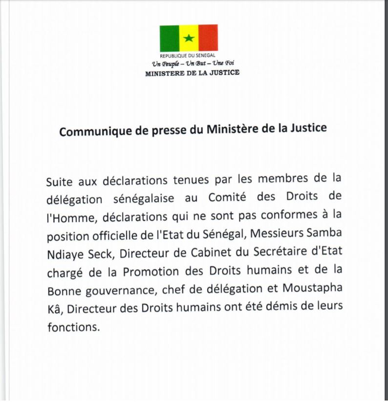 Cacophonie de Genève : Moustapha Kâ, le directeur des droits humains et Samba Ndiaye Seck , Dircab du secrétaire d'Etat chargé de la promotion des droits humains démis de leurs fonctions