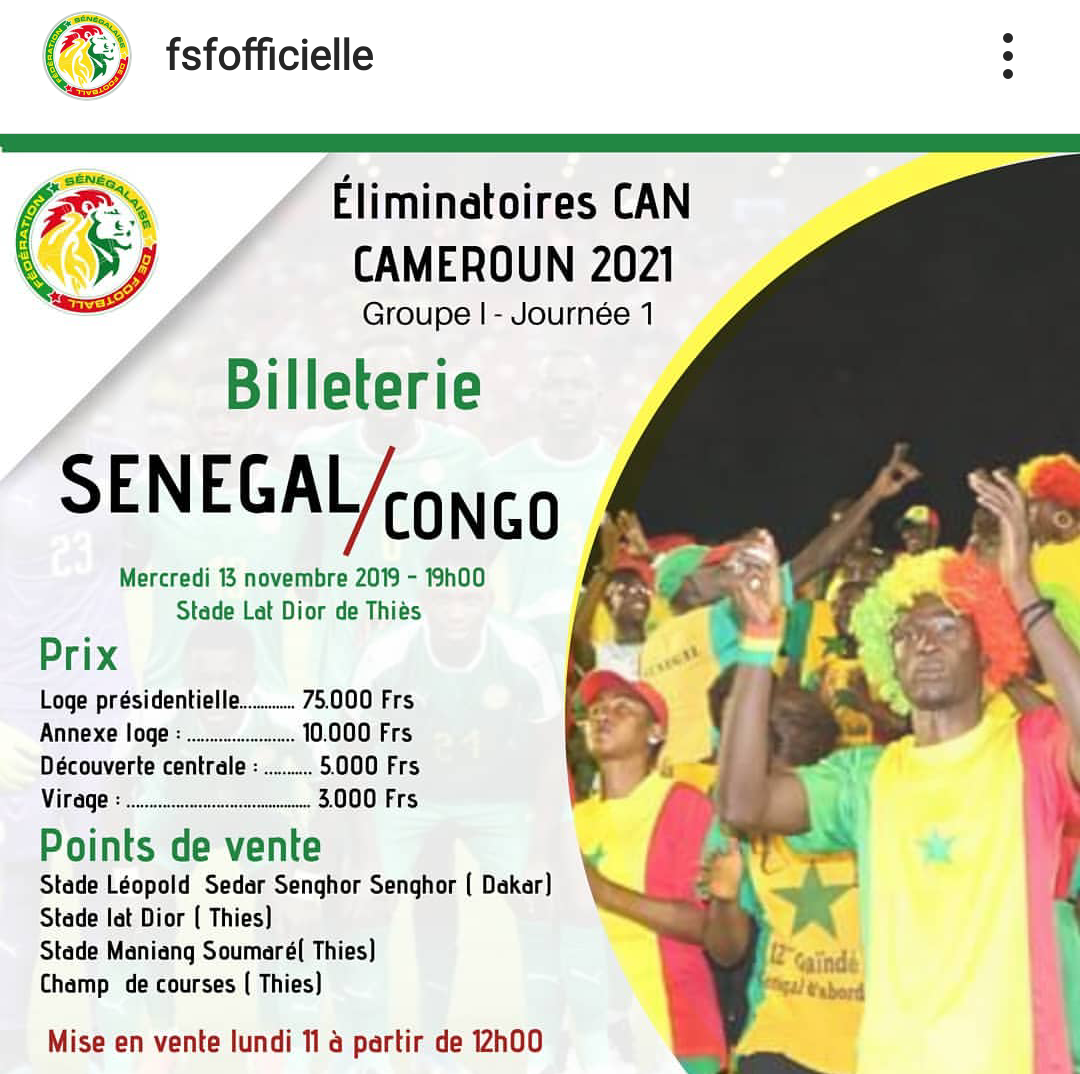 Éliminatoires CAN 2021 / Sénégal - Congo Brazzaville : Le prix des billets fixé entre 3 000 et 75 000 FCFA.