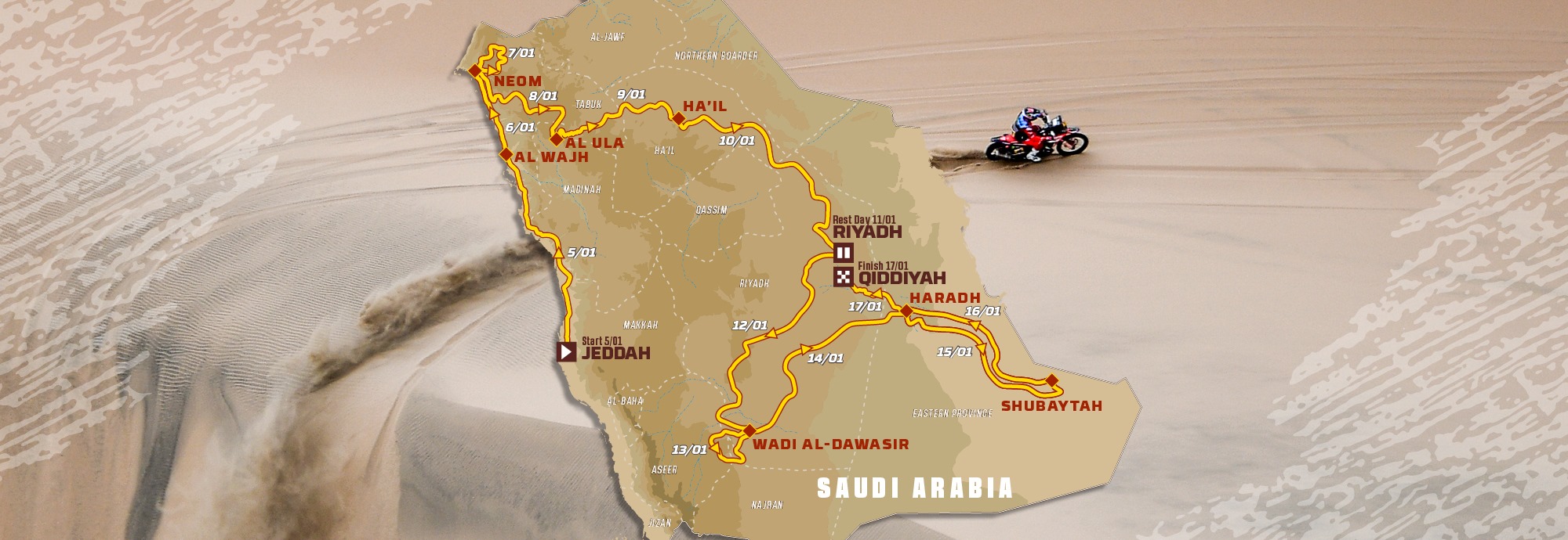 42eme Rallye-Dakar : Le départ prévu le 5 janvier en Arabie Saoudite, 351 véhicules, 170 motos et quads, 134 autos, et 47 camions attendus.