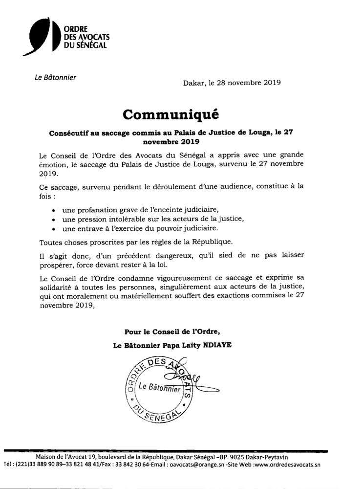 Indignation : Le Conseil de l’ordre des avocats dénonce le saccage du palais de justice de Louga