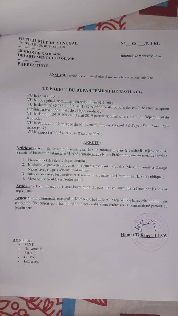 Kaolack : Le préfet interdit la marche des mouvements citoyens.